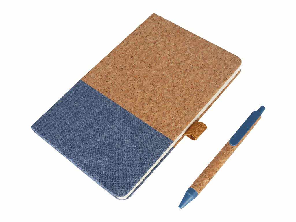 BORSA – eco-neutral A5 Cork Fabric Hard Cover Notebook and Pen Set – Blue