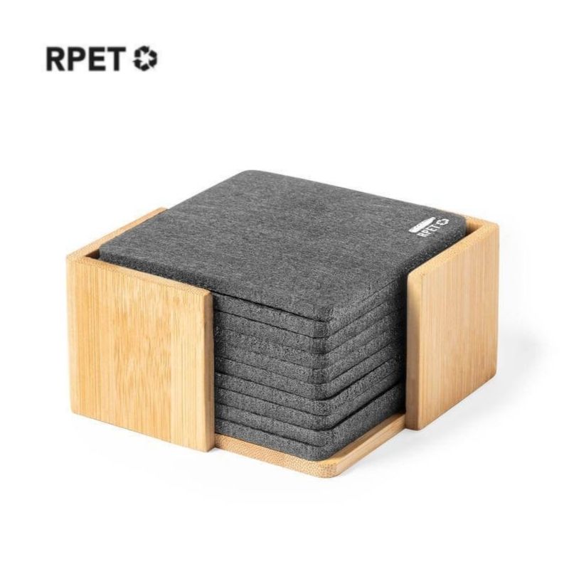 [CSEN 9112] LAAX – eco-neutral RPET Set of 6 Felt Coasters with Bamboo Stand