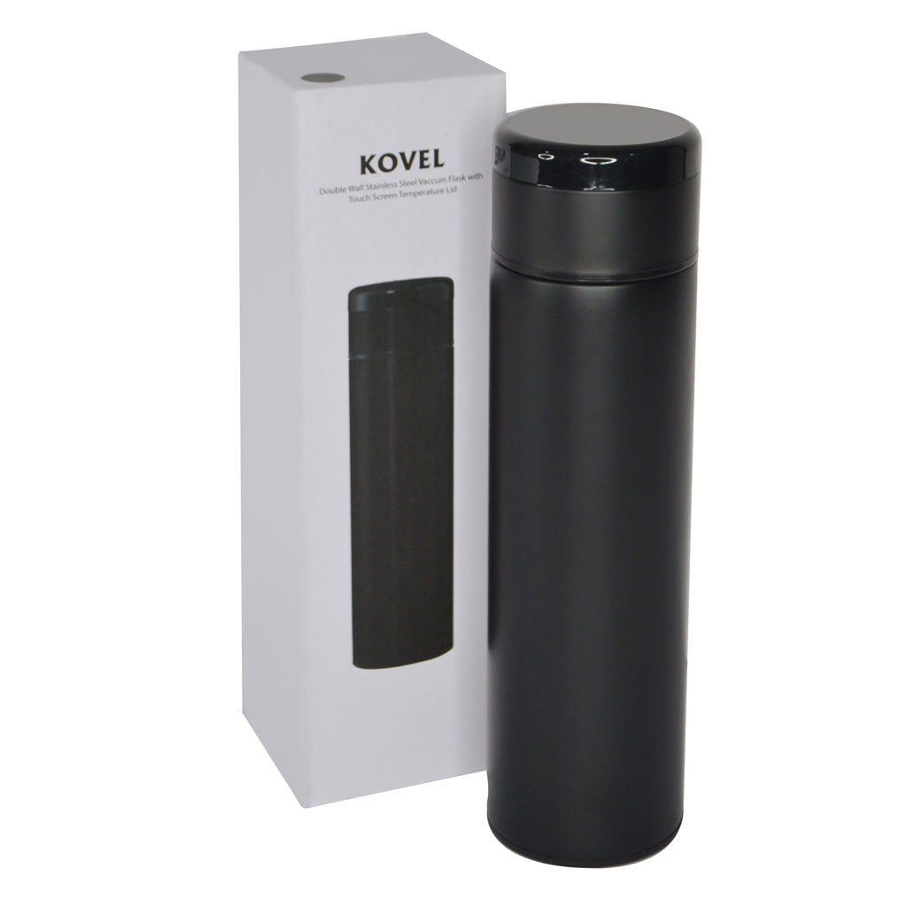 KOVEL – Giftology Double Walled Insulated Flask with Temperature Lid – Black (1)